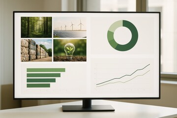 Monitor displaying environmental sustainability data with graphs and nature images on a clean office background under natural daylight. Ai generative