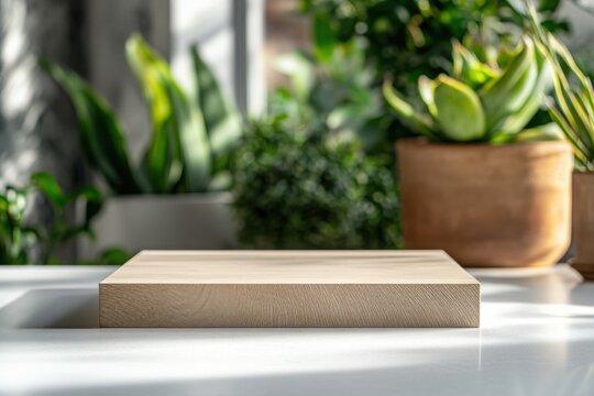 Natural wooden platform on white table with green indoor plants in background Ideal for eco product mockups natural branding or packaging presentation