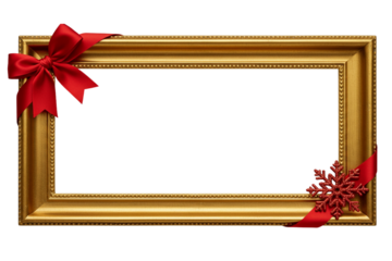 “Golden frame with red ribbon and snowflake accents, transparent middle space.”