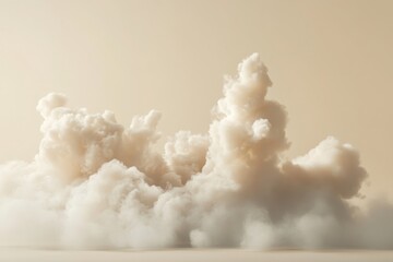 Fluffy white clouds forming shapes on soft beige background, surreal and dreamy atmosphere