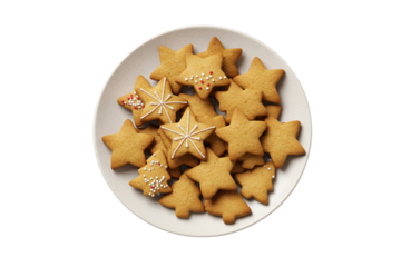 “Plate of Christmas cookies shaped like stars and trees, overhead view, transparent PNG.”