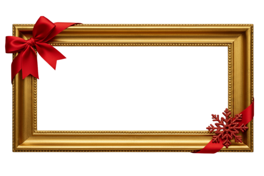 “Golden frame with red ribbon and snowflake accents, transparent middle space.”