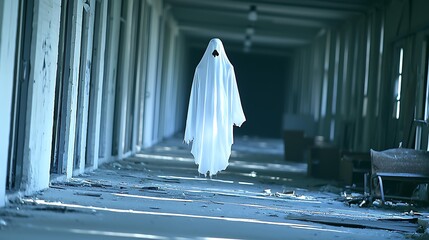 Creepy apparition floating in corridor of old deserted house with broken furniture