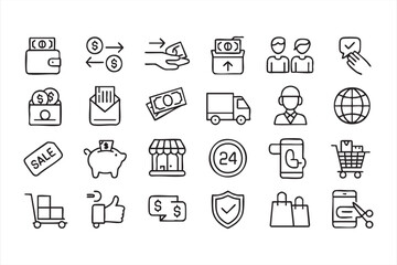 Digital shopping and delivery icon set representing payment and customer service