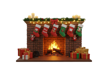 “Cozy fireplace scene with stockings and Christmas lights, realistic 3D render, transparent edges for compositing.”