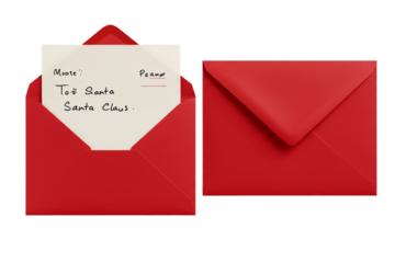 “Envelope addressed to Santa, open top, visible letter inside, transparent PNG.”