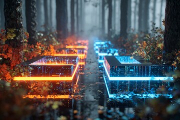 Seasonal transition: november as cubes in autumn's embrace. Cyber grid. November assembled in cubes amidst a vibrant autumnal forest. Machine network. Data connectivity.