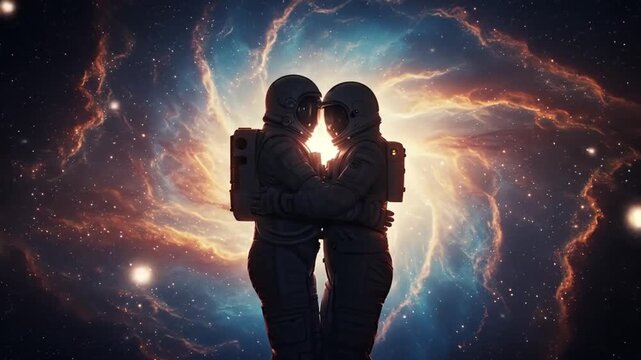 Astronauts embrace against a backdrop of cosmic energy and celestial wonders