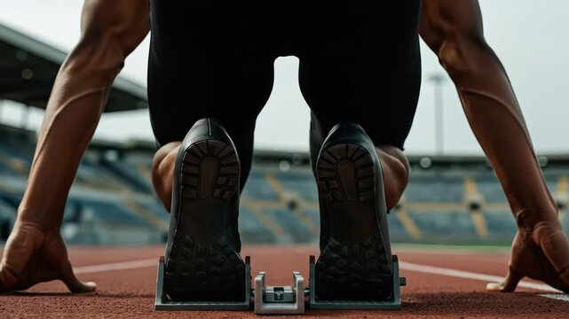 Athlete at starting blocks ready to run on track