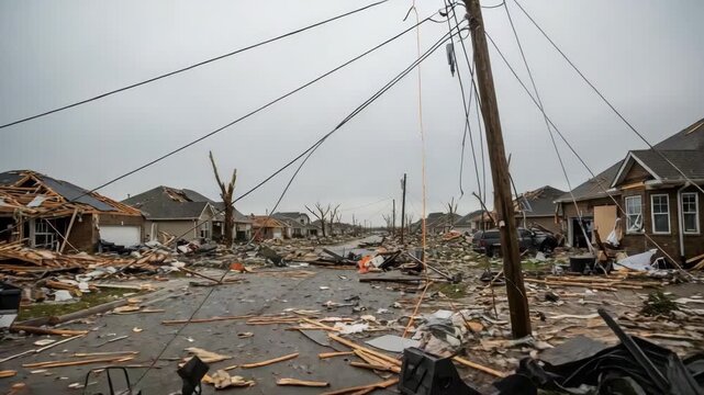 Devastating aftermath of a tornado in a suburban neighborhood. Street covered in debris and destroyed houses after a severe storm. Natural disaster and climate change concept