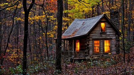 Wooden cabin deep in forest with eerie light glowing from windows in night scene