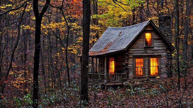Wooden cabin deep in forest with eerie light glowing from windows in night scene