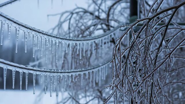 Close-up of icicles on frozen power lines and tree branches. Aftermath of a severe winter ice storm. Extreme cold weather concept