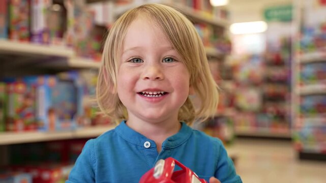Joyful Toddler with Toy Firetruck in Toy Store