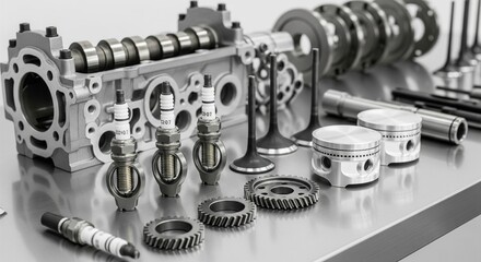 Spark plugs and engine components laid out in perfect order on a metal table