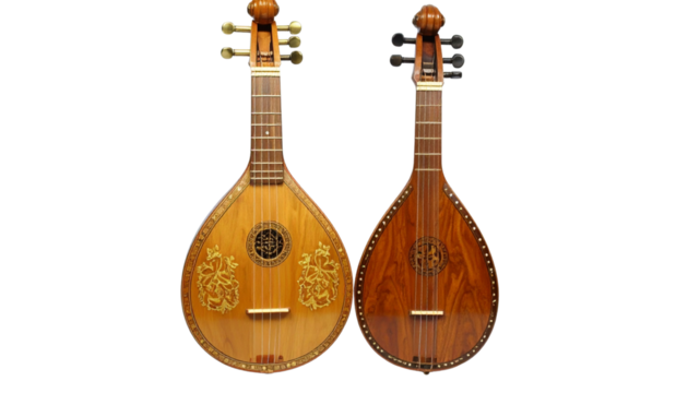 Traditional wooden sitar with smart digital interface, isolated on transparent background