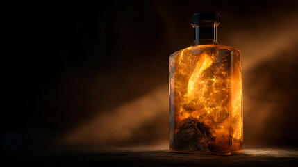 Whiskey Bottle Mockup with Glowing Amber Liquid and Fiery Texture on Dark Background