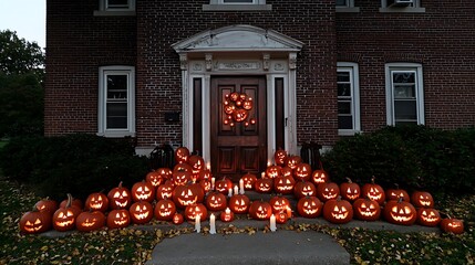 Vintage wooden door surrounded by carved pumpkins glowing with candlelight