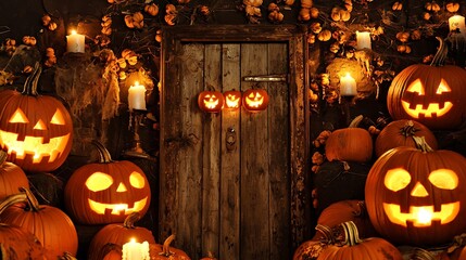 Vintage wooden door surrounded by carved pumpkins glowing with candlelight