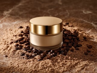 Tan Cream Jar with Golden Lid Surrounded by Coffee Beans on Brown Marble Countertop