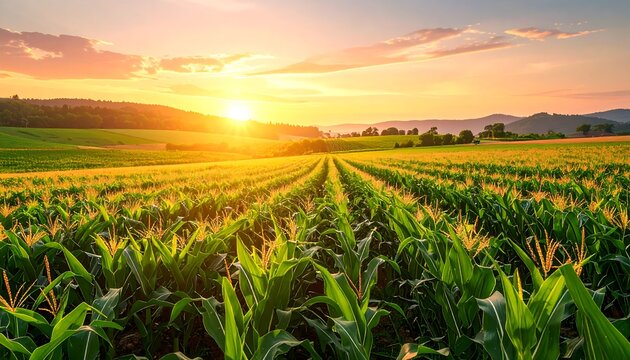Panoramic View of Cornfield at Sunset, Golden Hour - Powered by Adobe