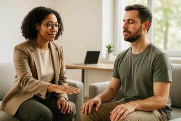 Therapist guiding a male client through a mindfulness or meditation session in a modern office setting with natural light background. Ai generative