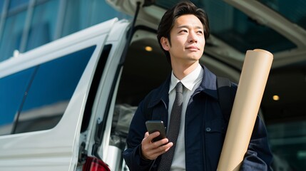Japanese office worker carrying wallpaper roll on shoulder and holding smartphone, standing near white van with open tailgate under bright daylight