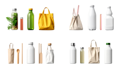 Zero plastic kitchen essentials made from eco materials, isolated on transparent background