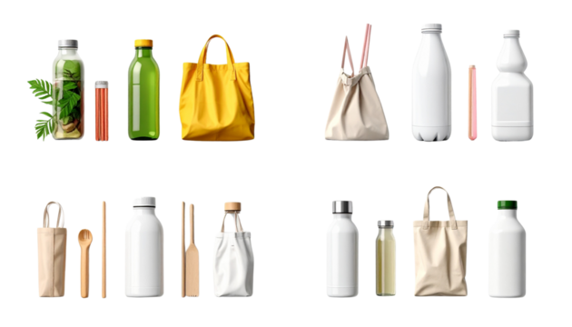 Zero plastic kitchen essentials made from eco materials, isolated on transparent background