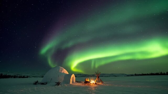 Aurora borealis lights up sky over snow covered landscape and shelter