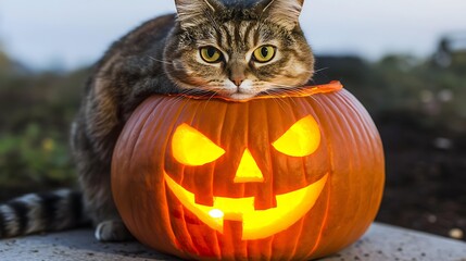Cat sitting on jack o lantern with glowing face in moonlit clearing
