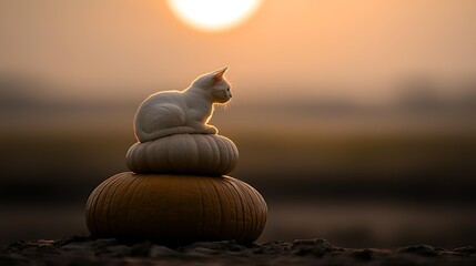 Cat silhouette on pumpkin in open field with bright glowing moon in background