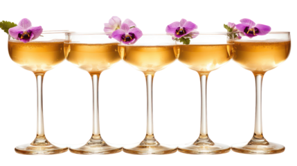 Five elegant champagne glasses with golden liquid and floral garnish isolated on transparent background
