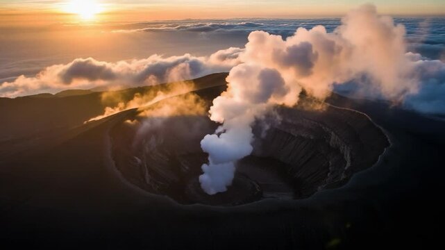 Aerial view of a smoking volcano crater at sunrise. Mount Bromo emitting a plume of smoke above the clouds in Indonesia. Epic natural landscape and travel destination