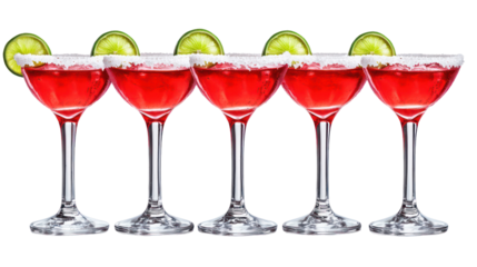 Five red cocktails with lime wedges and salt rim isolated on transparent background