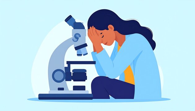 Stressed scientist hunches over microscope (1)