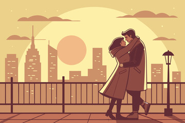 A couple embracing on a rooftop with a city skyline and a sunset in the background