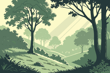 Obraz premium Green forest landscape with trees, grass, hills, and sunlight shining through trees