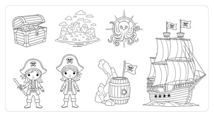 Collection of Pirate Themed Line Art Elements for Coloring and Design.