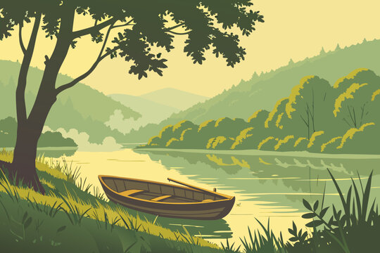 A serene lake scene with a boat, surrounded by lush greenery and rolling hills