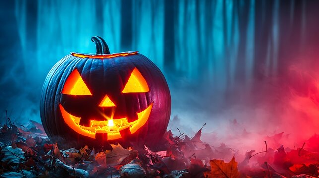 A glowing jack o lantern placed among fallen leaves in a dark misty forest