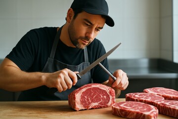 Focused butcher sharpening knife before cutting raw ribeye steaks on wooden table in kitchen with clean background and natural light. Ai generative. Ai generative