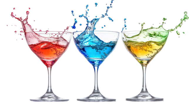 Three colorful cocktails splashing in martini glasses isolated on transparent background