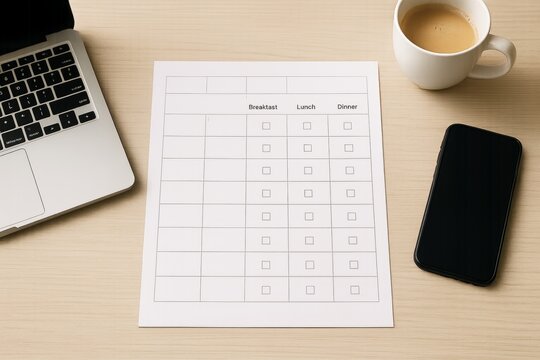 Empty weekly meal planner with checkboxes placed on desk with coffee, laptop, and smartphone on light wooden background, food planning concept. Ai generative