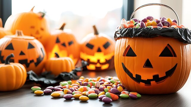 Pumpkin bucket filled with candy spilling across table in festive Halloween scene