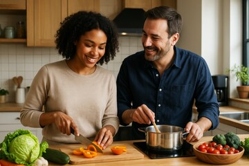 Happy couple cooking healthy meal together at home in cozy modern kitchen with light background, enjoying creative food preparation time. Ai generative