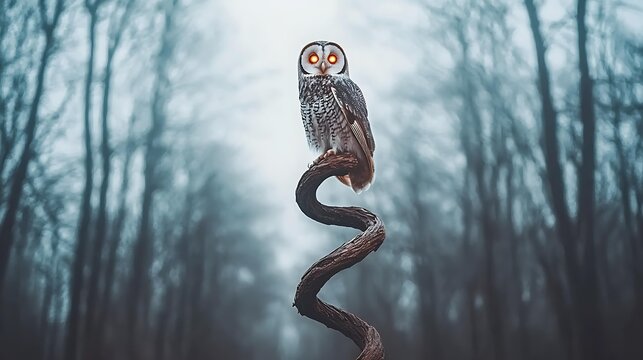 Owl sitting on twisted haunted tree in dark forest with eyes glowing eerily
