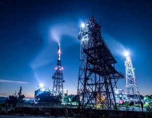 Obraz premium Night scene showing radio towers and a smokestack