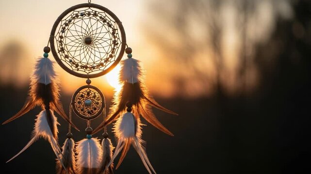 Dreamcatcher silhouette hanging in the golden light of a sunset. Spiritual Native American amulet with feathers against a blurred nature background. Concept of dreams and hope with copy space