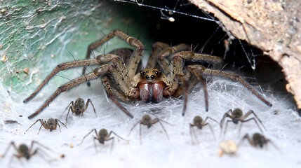 Multiple spiderwebs layered in dimly lit corner with spiders scattered across